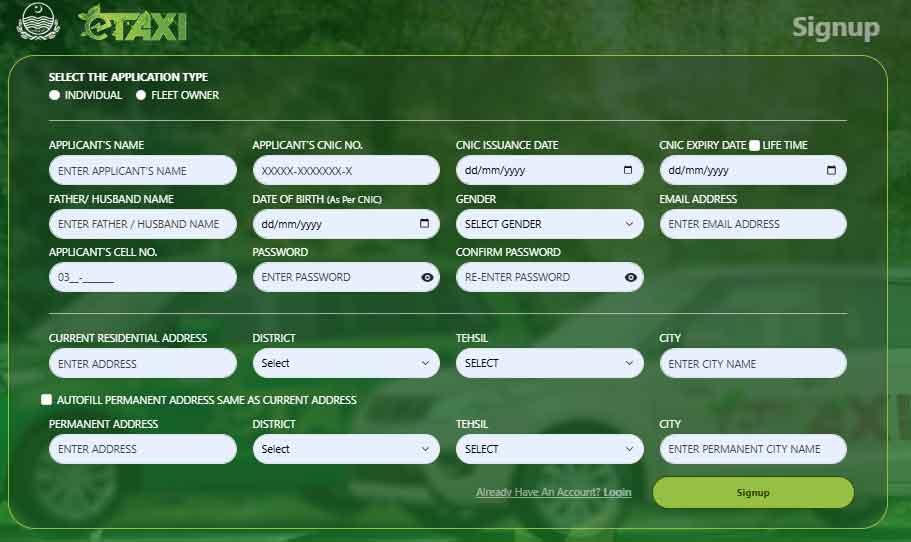 E-taxi Punjab registration portal 