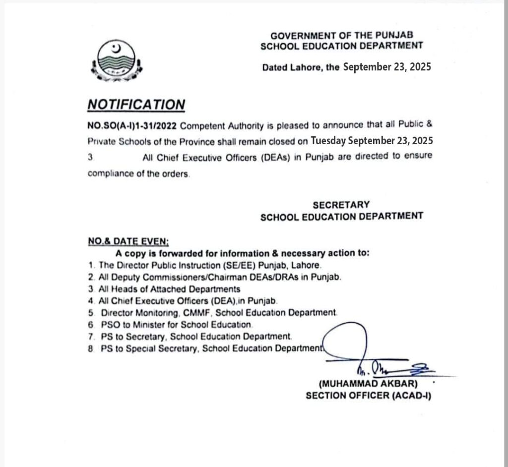 Today Holiday Notification 23 September 2025 Punjab Issued