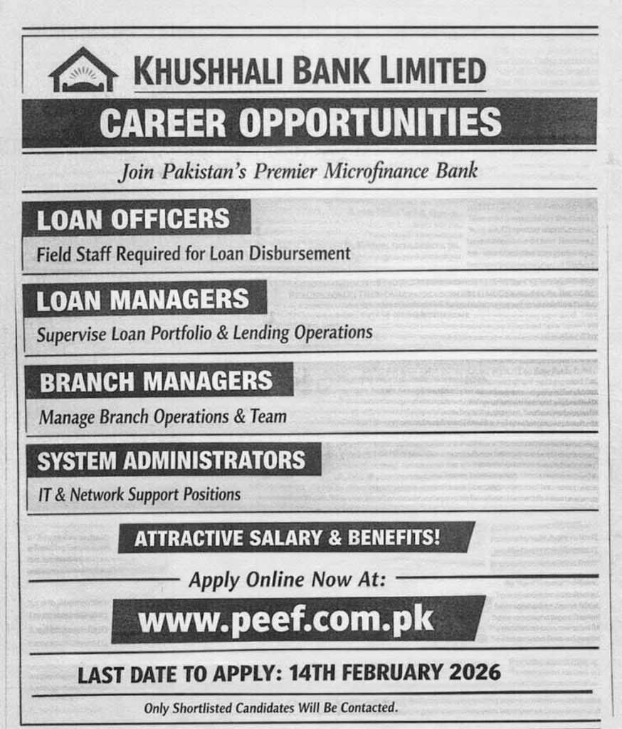 Khushhali Bank Jobs Advertisement