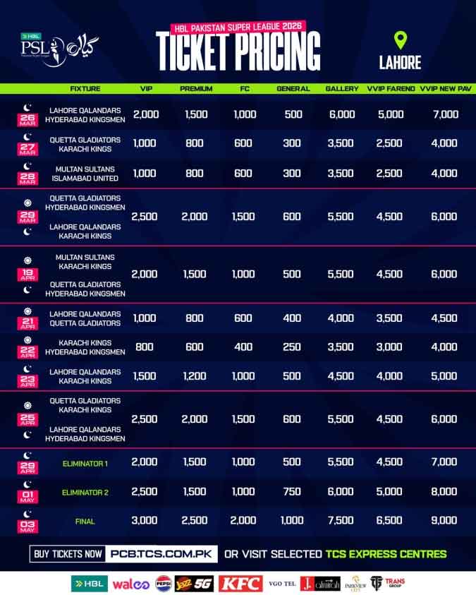  PCB PSL 11 Online Ticket Price Schedule 